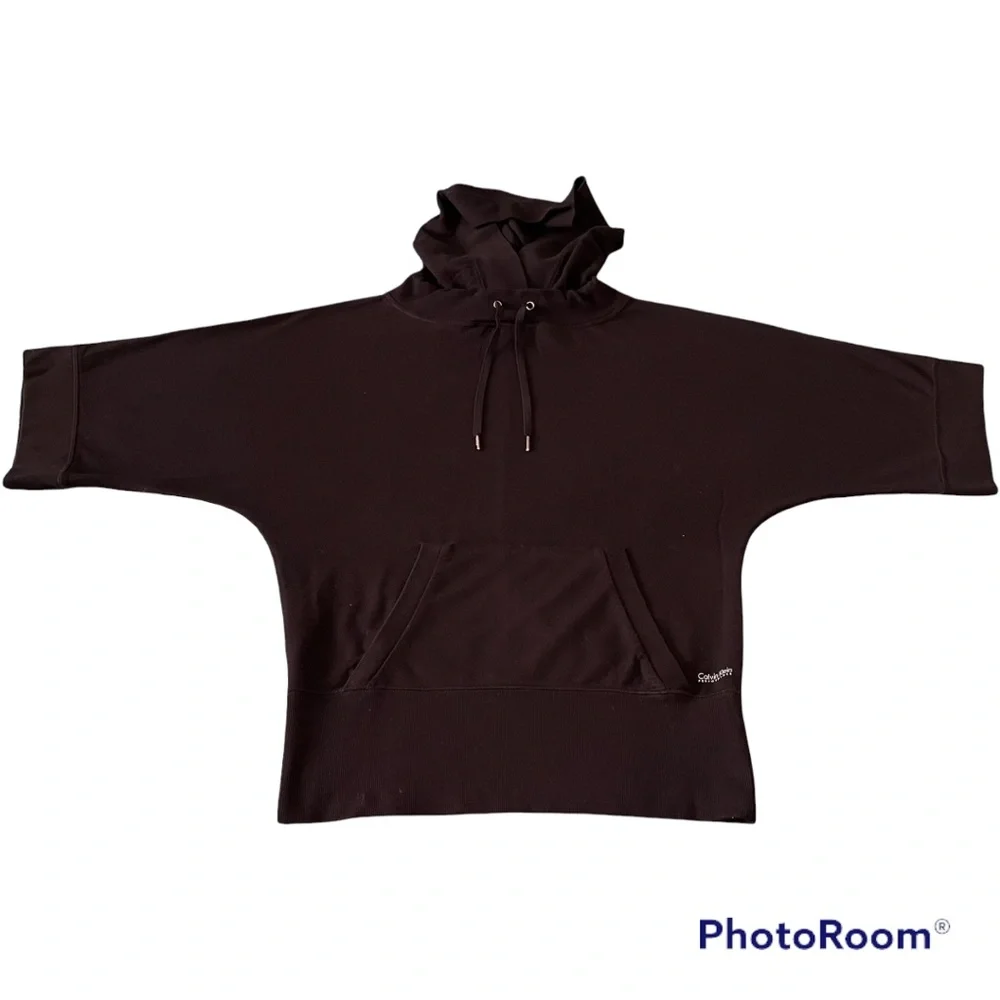 #12 Calvin Klein Performance Edgy Black Hoodie Front Pocket Relaxed Fit Top - Picture 4 of 8